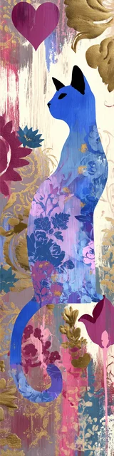 Cat bookmarks featuring a light gold background with a slender blue cat